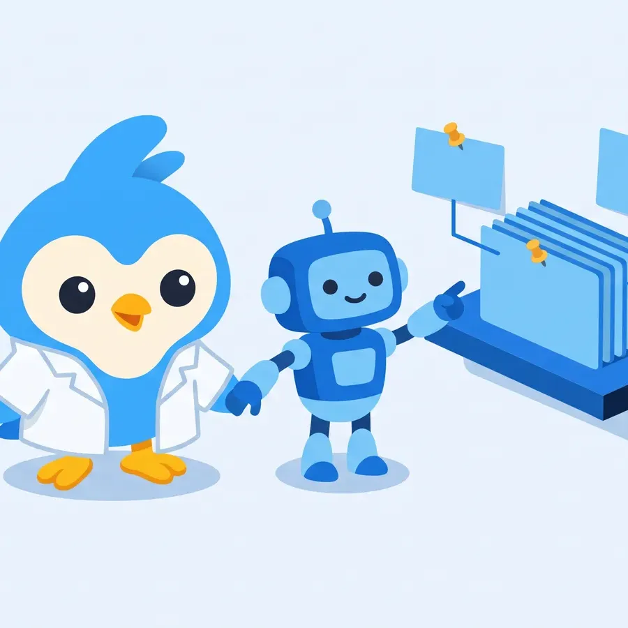Pip, the blue bird mascot, in a lab coat holding a small blue robot by the hand, the robot pointing at a tidy stack of index cards each pinned with a little amber pushpin linking back to a source shelf