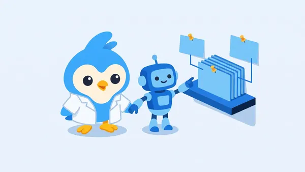 Pip, the blue bird mascot, in a lab coat holding a small blue robot by the hand, the robot pointing at a tidy stack of index cards each pinned with a little amber pushpin linking back to a source shelf