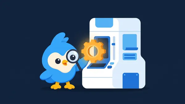 Pip, the blue bird mascot, holding a magnifier while slotting one glowing gear into a large white machine