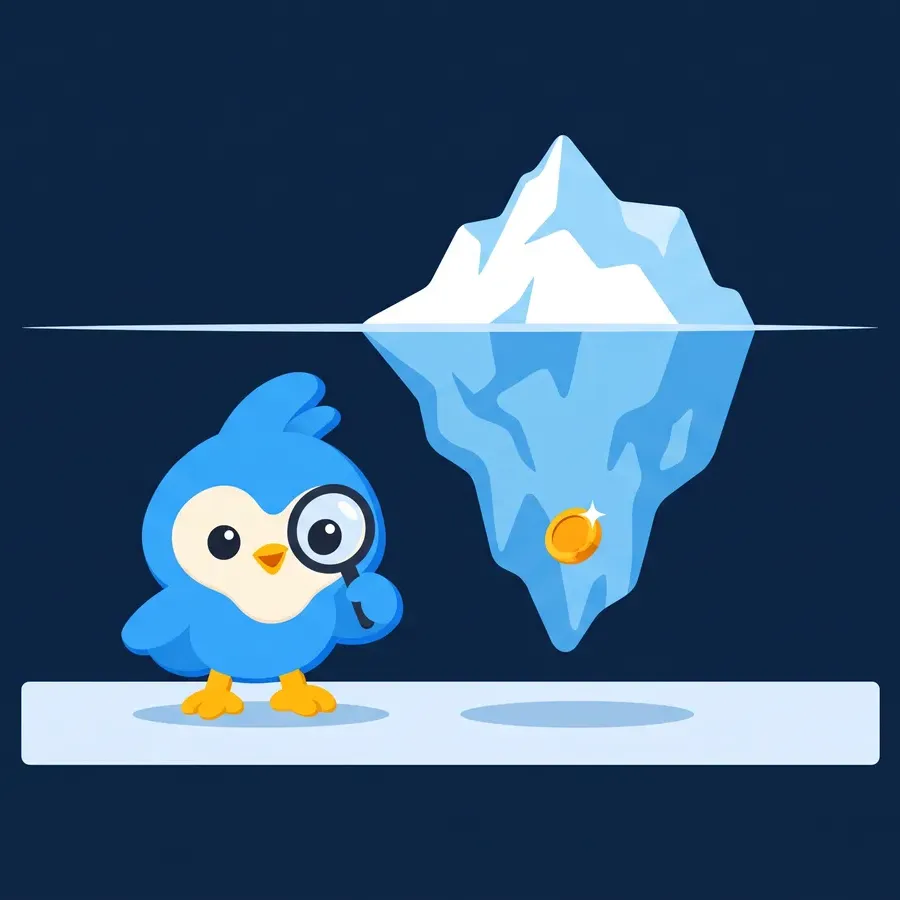 Pip, the blue bird mascot, standing beside a tall iceberg drawn in white and sky blue: a tiny tip above a flat waterline and a much larger hidden mass below, with a small amber coin glinting deep inside the hidden part