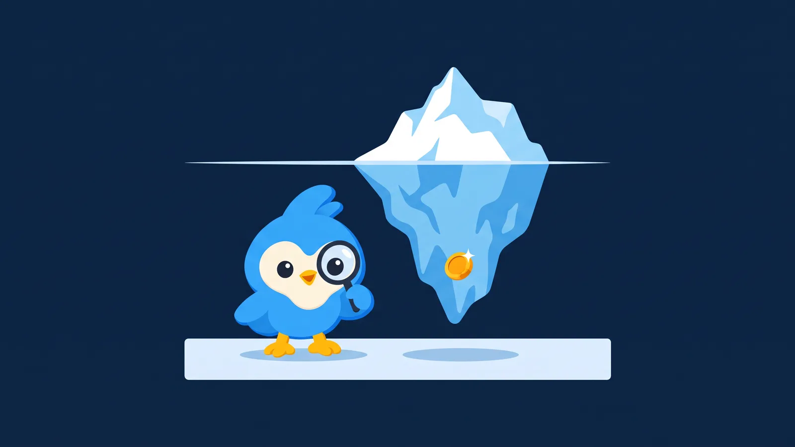 Pip, the blue bird mascot, standing beside a tall iceberg drawn in white and sky blue: a tiny tip above a flat waterline and a much larger hidden mass below, with a small amber coin glinting deep inside the hidden part
