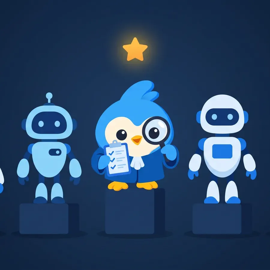 Pip, the blue bird mascot, holding a clipboard among a row of friendly robots on podiums under an amber star, on navy