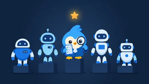 Pip, the blue bird mascot, holding a clipboard among a row of friendly robots on podiums under an amber star, on navy