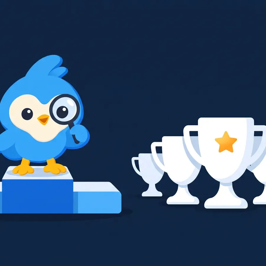 Pip, the blue bird mascot, on a small podium beside a row of white trophy cups of different heights, one cup with a tiny amber star
