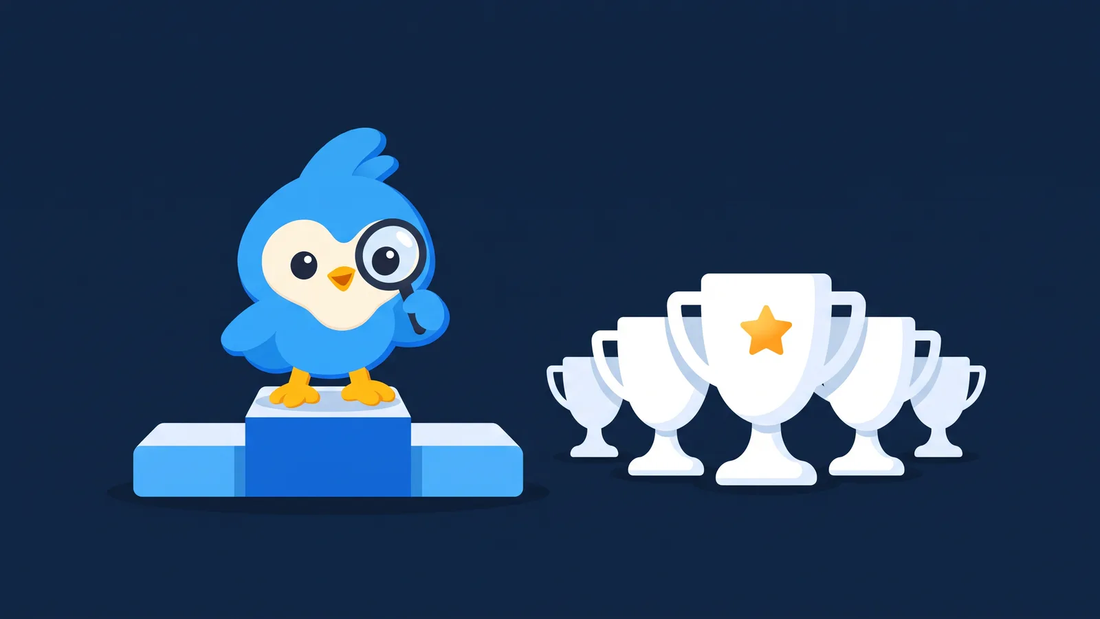 Pip, the blue bird mascot, on a small podium beside a row of white trophy cups of different heights, one cup with a tiny amber star