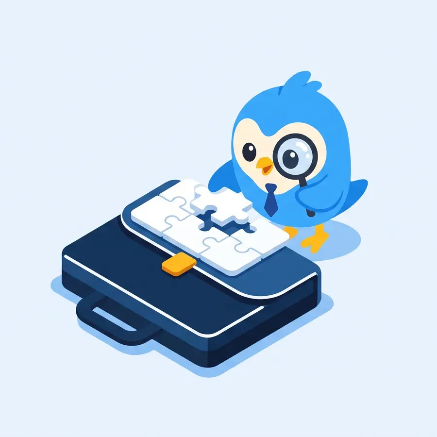 Pip, the blue bird mascot, wearing a tiny tie, arranging white puzzle-piece tiles into a neat briefcase