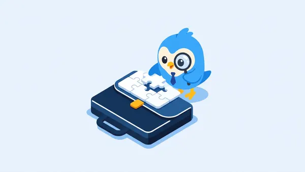 Pip, the blue bird mascot, wearing a tiny tie, arranging white puzzle-piece tiles into a neat briefcase