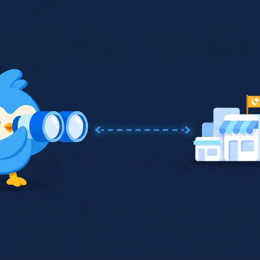 Pip, the blue bird mascot, peering through a pair of binoculars across a gap toward a distant cluster of white blocky storefront shapes, with a small dashed sightline and one amber marker flag