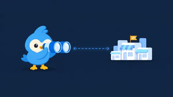 Pip, the blue bird mascot, peering through a pair of binoculars across a gap toward a distant cluster of white blocky storefront shapes, with a small dashed sightline and one amber marker flag