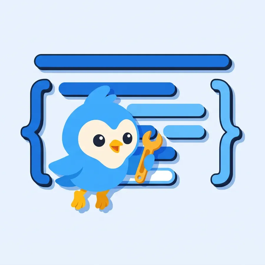Pip, the blue bird mascot, at a floating code window made of blank blue bars and curly-brace shapes, holding a small wrench