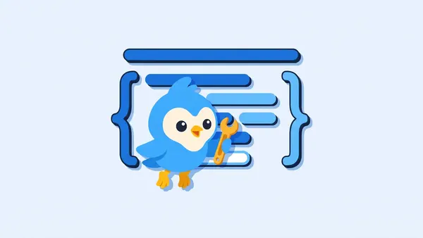 Pip, the blue bird mascot, at a floating code window made of blank blue bars and curly-brace shapes, holding a small wrench