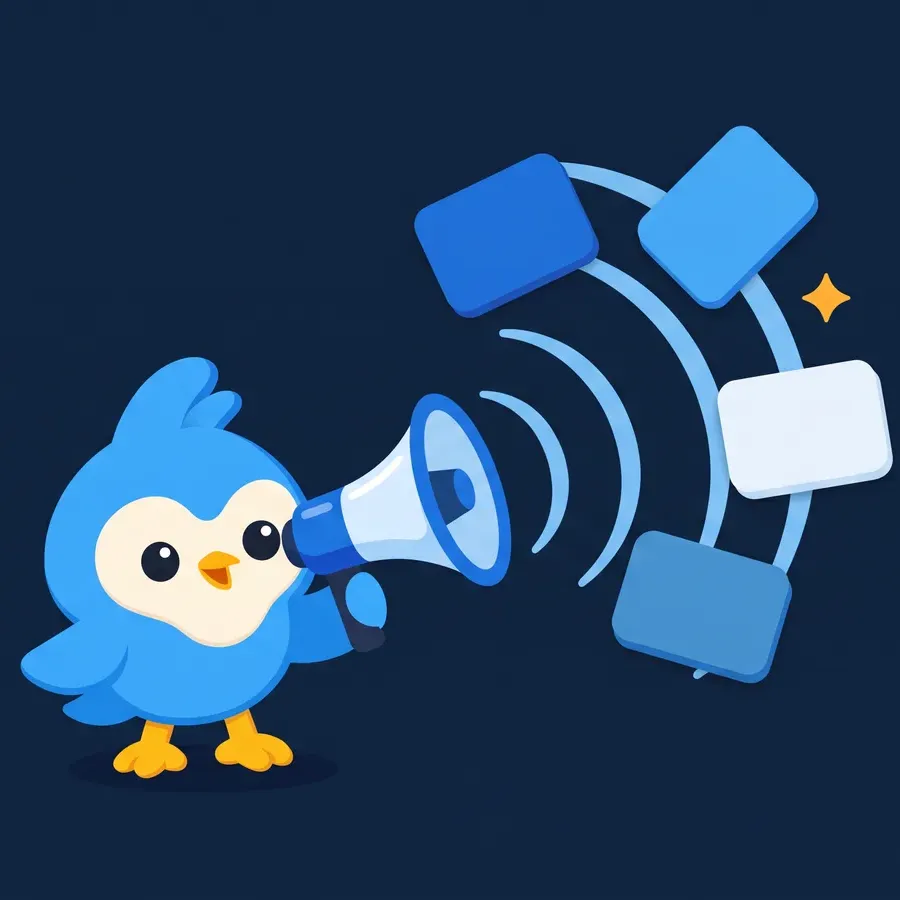 Pip, the blue bird mascot, holding a megaphone that emits soft sky-blue rings toward floating card shapes, one amber spark