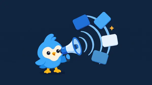 Pip, the blue bird mascot, holding a megaphone that emits soft sky-blue rings toward floating card shapes, one amber spark