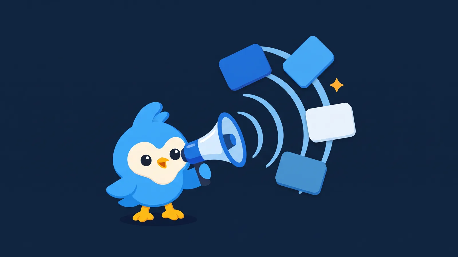 Pip, the blue bird mascot, holding a megaphone that emits soft sky-blue rings toward floating card shapes, one amber spark