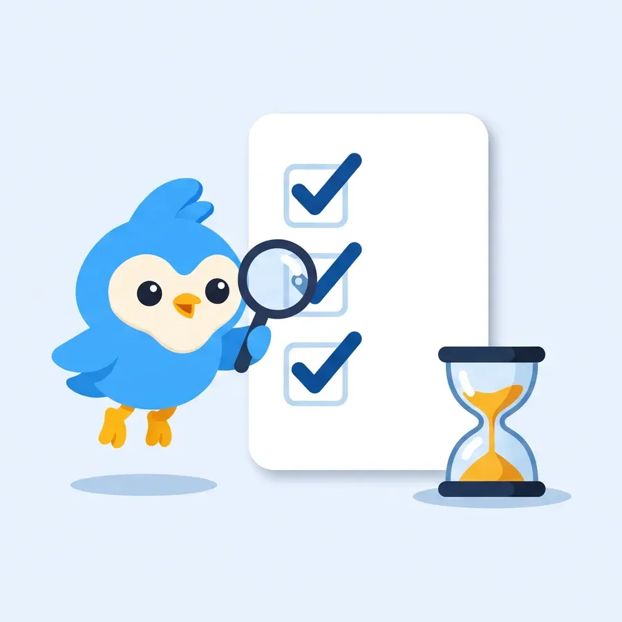 Pip, the blue bird mascot, ticking off a tall white checklist card with oversized check marks, a small hourglass beside