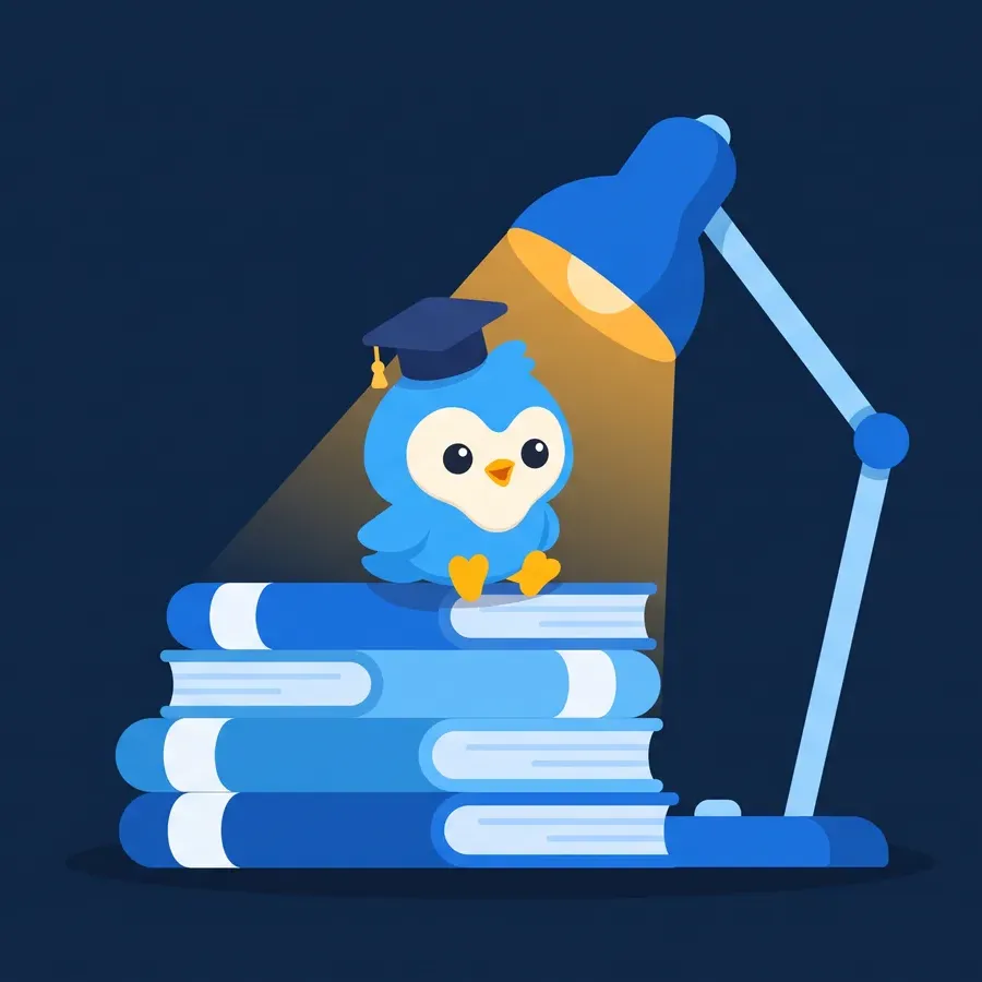 Pip, the blue bird mascot, with a graduation cap sitting on a stack of blue books, a desk lamp glowing amber