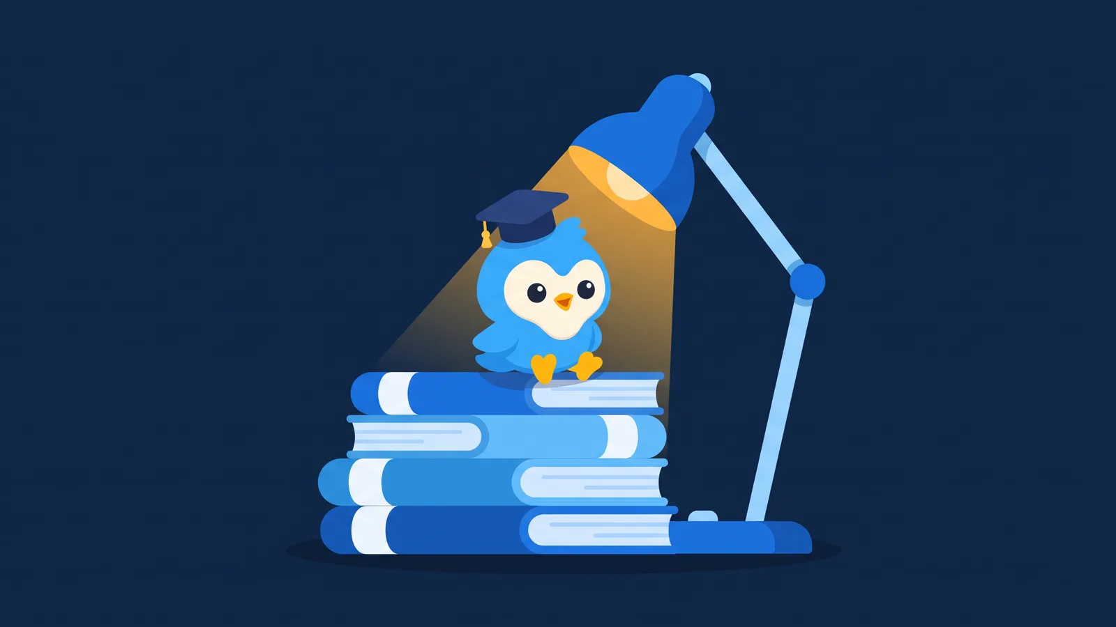 Pip, the blue bird mascot, with a graduation cap sitting on a stack of blue books, a desk lamp glowing amber