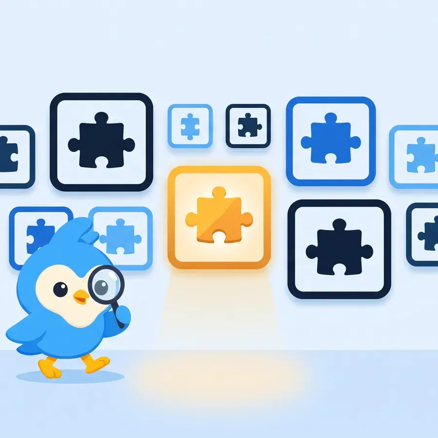 Pip, the blue bird mascot, walking past a gallery wall of framed puzzle-piece icons in varied blues, one frame lit
