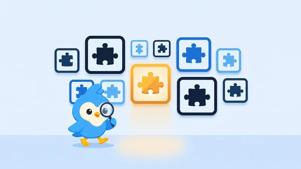 Pip, the blue bird mascot, walking past a gallery wall of framed puzzle-piece icons in varied blues, one frame lit