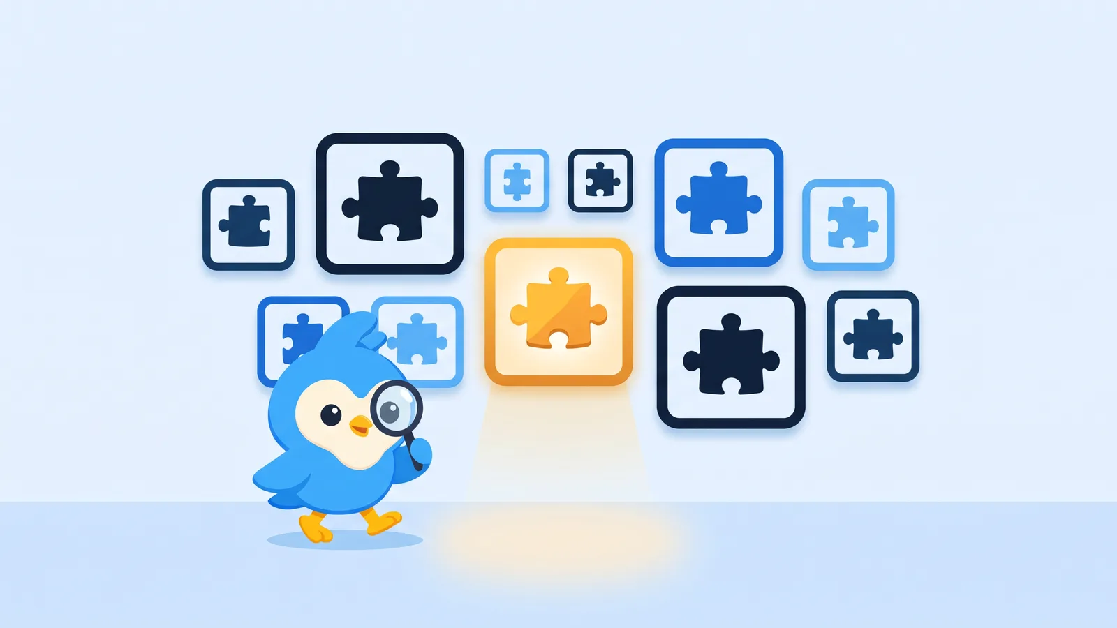 Pip, the blue bird mascot, walking past a gallery wall of framed puzzle-piece icons in varied blues, one frame lit