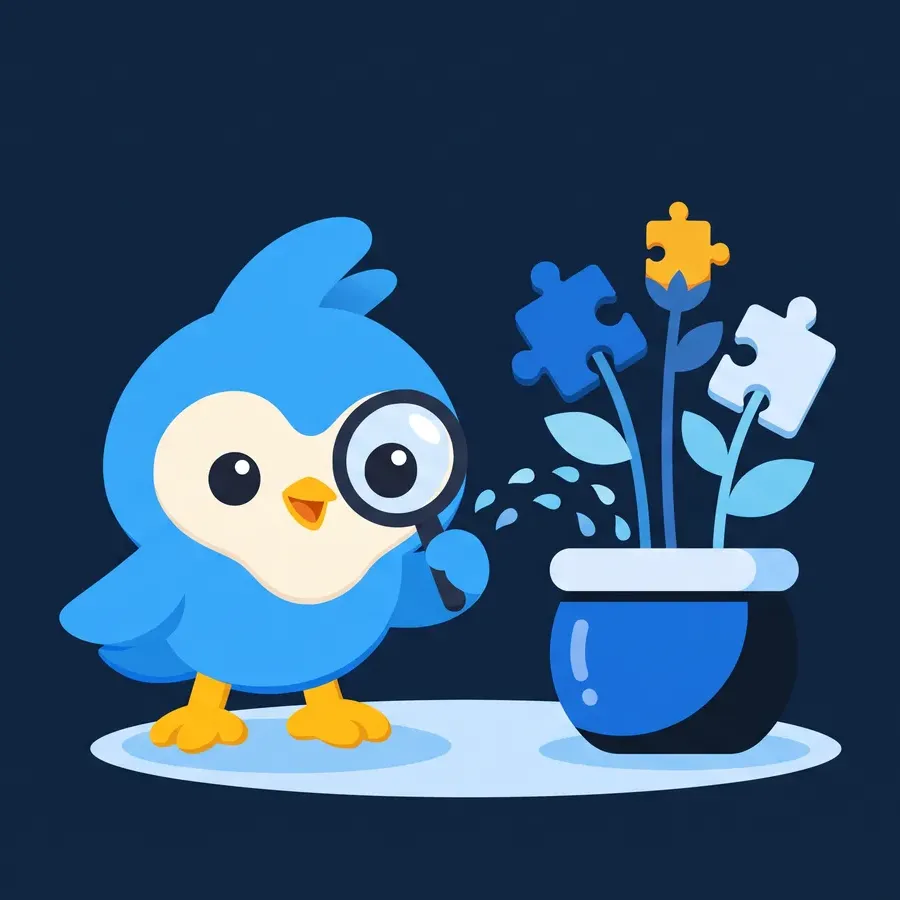 Pip, the blue bird mascot, watering a small pot where puzzle-piece shaped sprouts grow, one amber bud