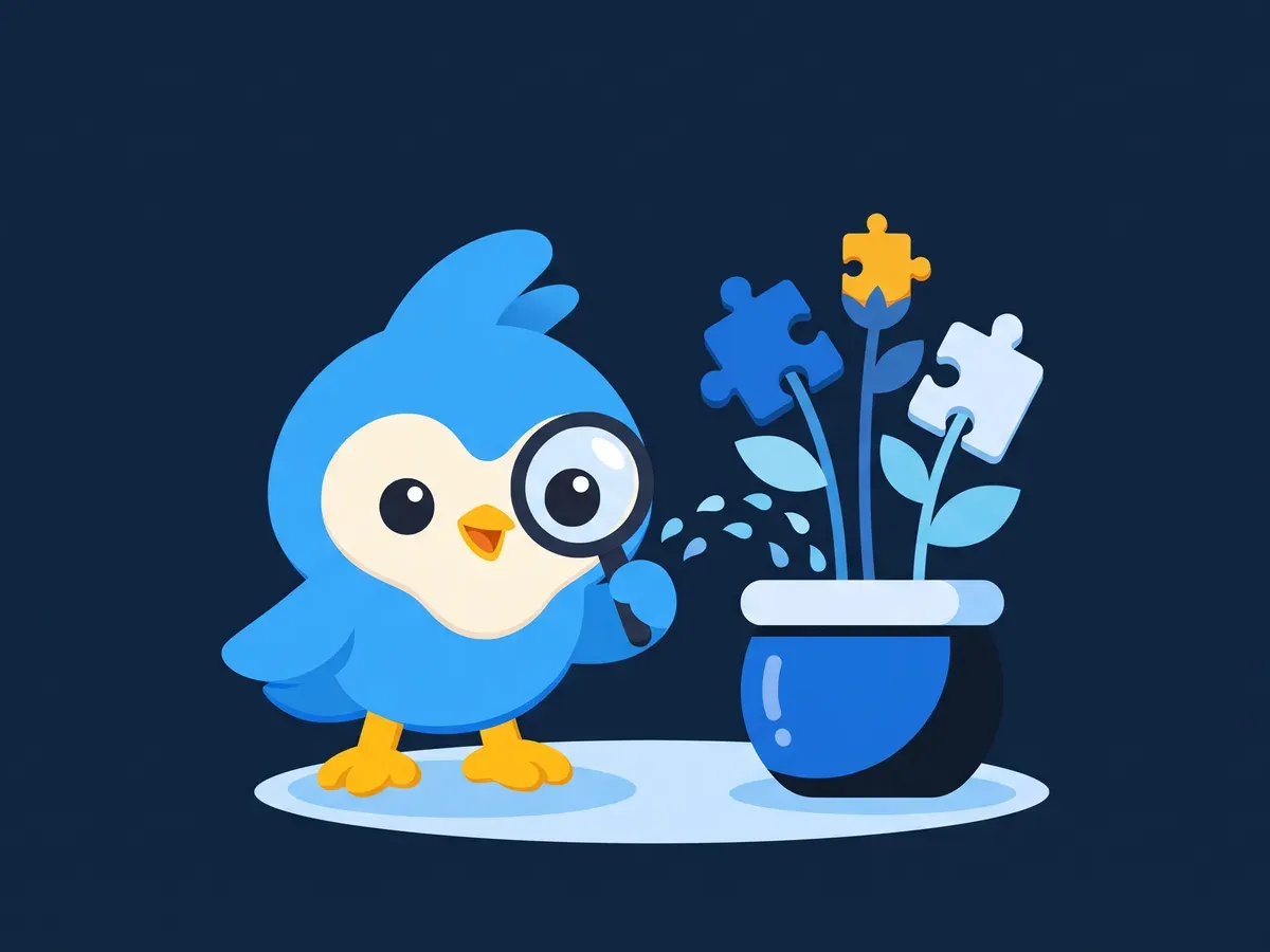 Pip, the blue bird mascot, watering a small pot where puzzle-piece shaped sprouts grow, one amber bud