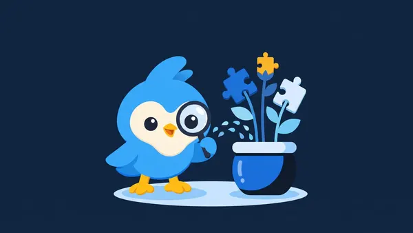 Pip, the blue bird mascot, watering a small pot where puzzle-piece shaped sprouts grow, one amber bud