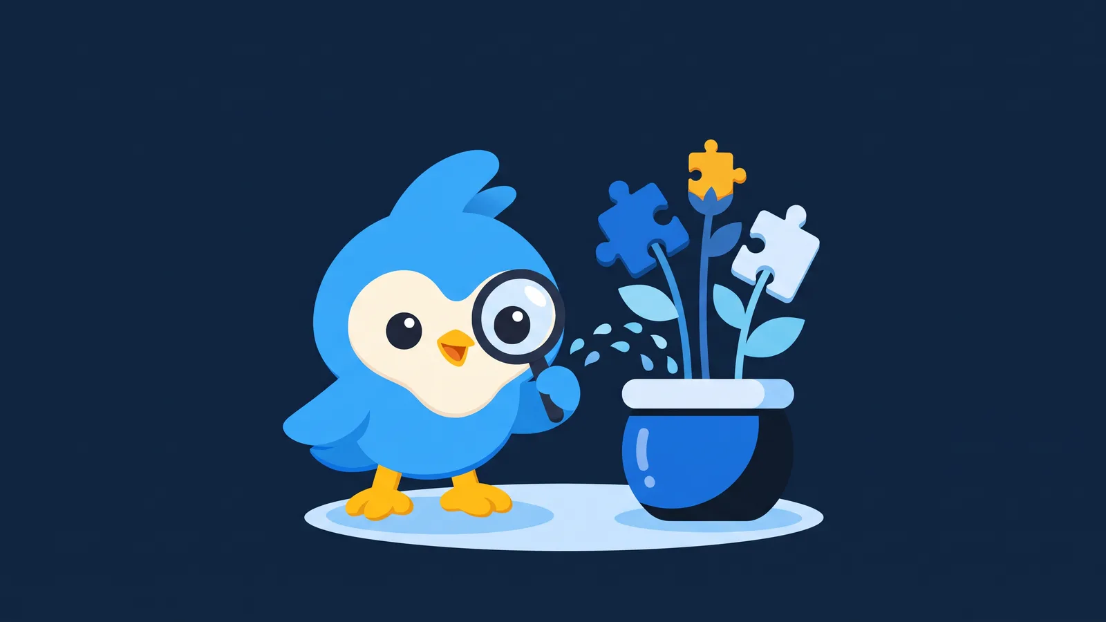 Pip, the blue bird mascot, watering a small pot where puzzle-piece shaped sprouts grow, one amber bud