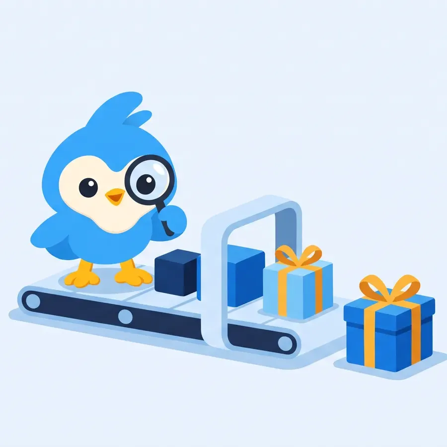 Pip, the blue bird mascot, on a tiny conveyor belt line, building blocks becoming wrapped boxes with amber ribbons