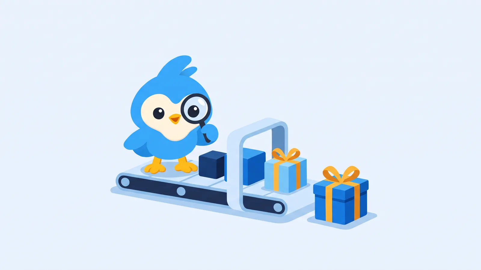 Pip, the blue bird mascot, on a tiny conveyor belt line, building blocks becoming wrapped boxes with amber ribbons