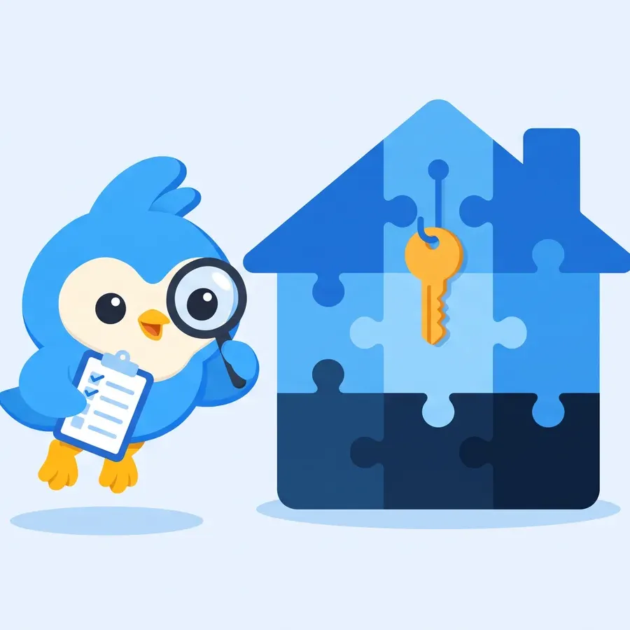 Pip, the blue bird mascot, with a clipboard inspecting a puzzle-piece house with a magnifying glass, a key on a hook