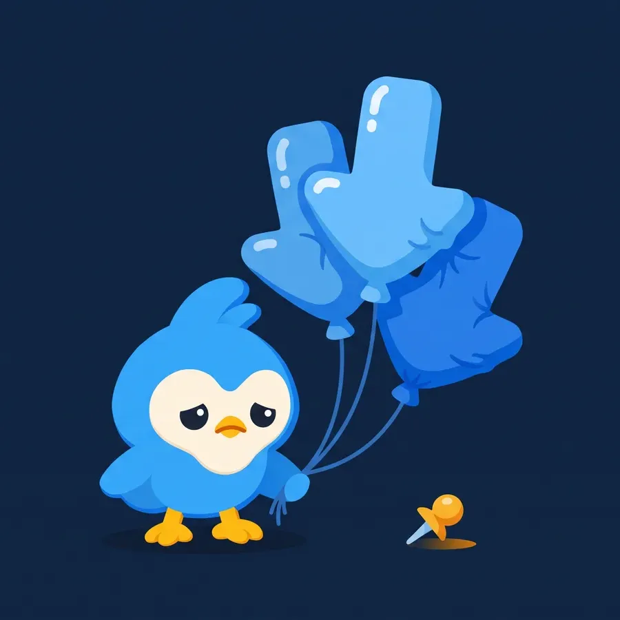 Pip, the blue bird mascot, frowning at a balloon bunch shaped like download arrows deflating, one pin nearby