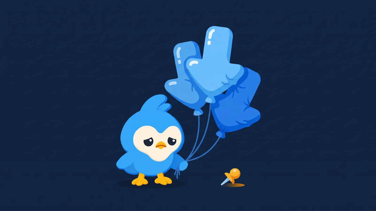 Pip, the blue bird mascot, frowning at a balloon bunch shaped like download arrows deflating, one pin nearby