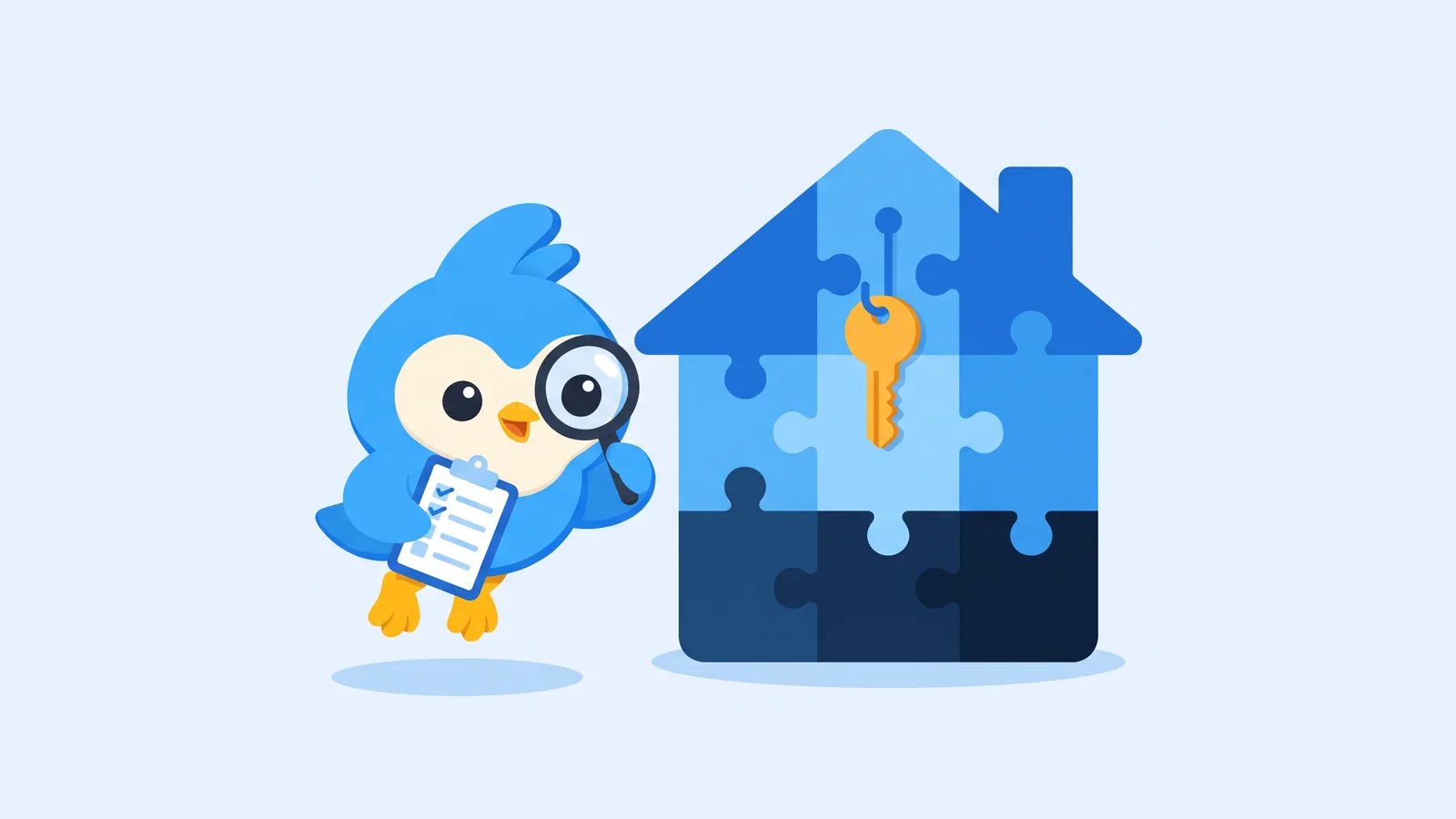 Pip, the blue bird mascot, with a clipboard inspecting a puzzle-piece house with a magnifying glass, a key on a hook