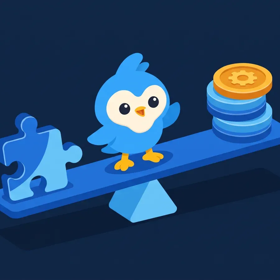 Pip, the blue bird mascot, balancing on a seesaw between a puzzle piece and a stack of coins, one amber coin