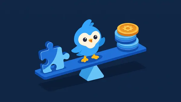 Pip, the blue bird mascot, balancing on a seesaw between a puzzle piece and a stack of coins, one amber coin