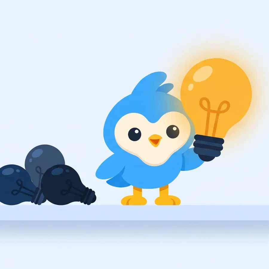 Pip, the blue bird mascot, holding up one large glowing amber light bulb in one wing, with three small unlit navy bulbs resting on a low pale shelf beside it