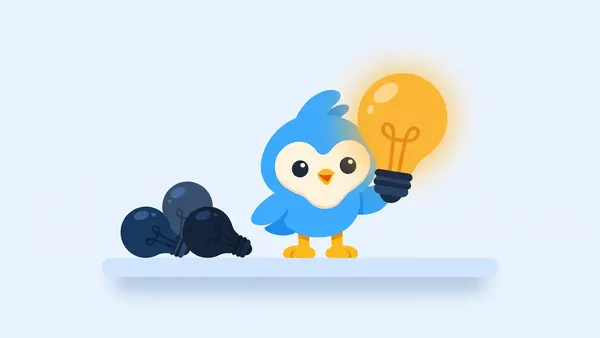 Pip, the blue bird mascot, holding up one large glowing amber light bulb in one wing, with three small unlit navy bulbs resting on a low pale shelf beside it