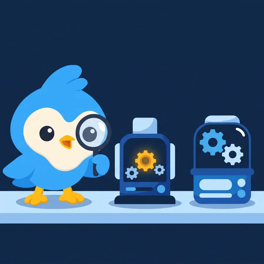 Pip, the blue bird mascot, looking at five different small machines on a shelf, each with gears, one with an amber gear