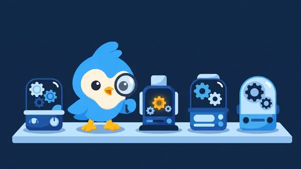 Pip, the blue bird mascot, looking at five different small machines on a shelf, each with gears, one with an amber gear