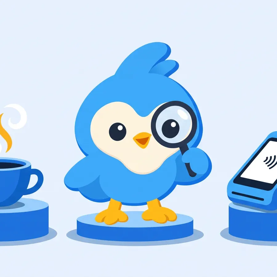 Pip, the blue bird mascot, comparing a steaming coffee cup and a sleek blue card terminal on two pedestals