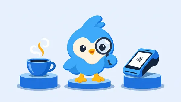 Pip, the blue bird mascot, comparing a steaming coffee cup and a sleek blue card terminal on two pedestals