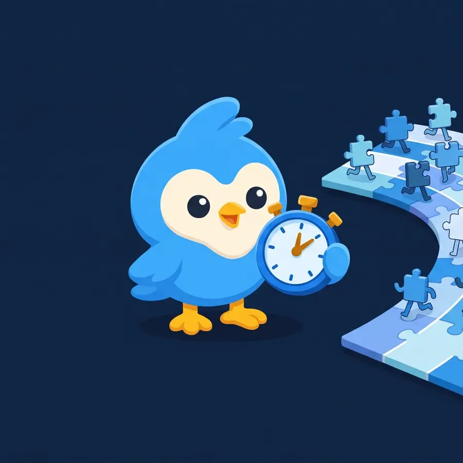 Pip, the blue bird mascot, with a stopwatch beside a crowded race track of small puzzle-piece runners