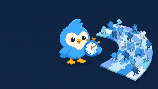 Pip, the blue bird mascot, with a stopwatch beside a crowded race track of small puzzle-piece runners