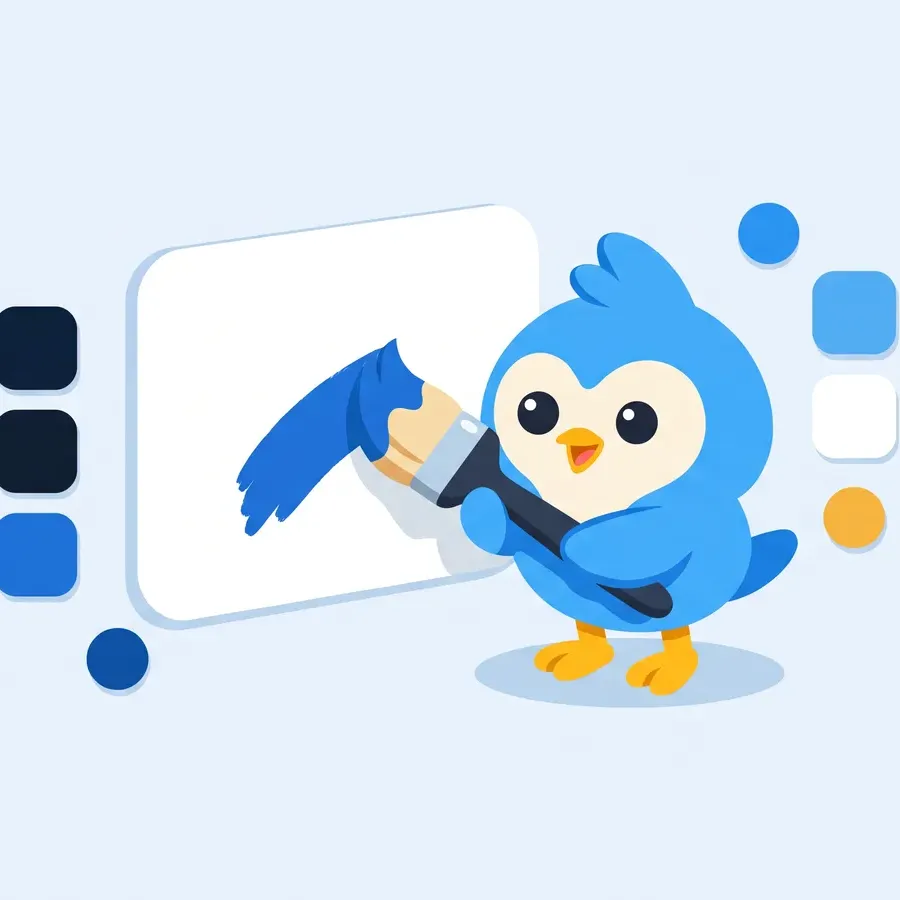 Pip, the blue bird mascot, painting a large blank storefront card with a brush, color swatches floating nearby