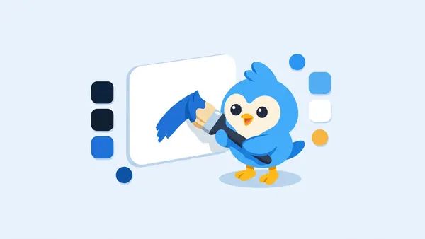 Pip, the blue bird mascot, painting a large blank storefront card with a brush, color swatches floating nearby