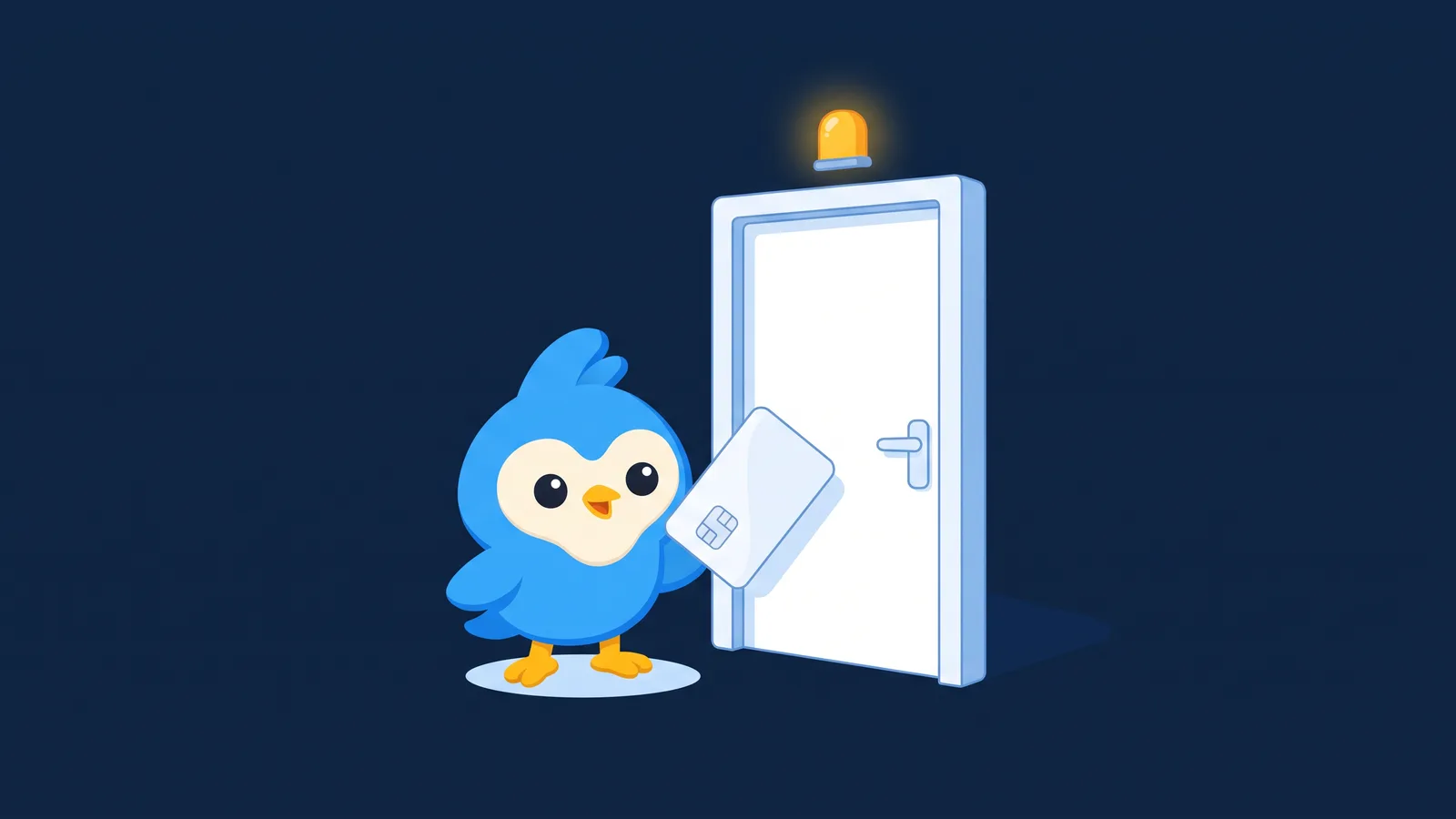 Pip, the blue bird mascot, holding a large key card at a white door, a tiny amber light above