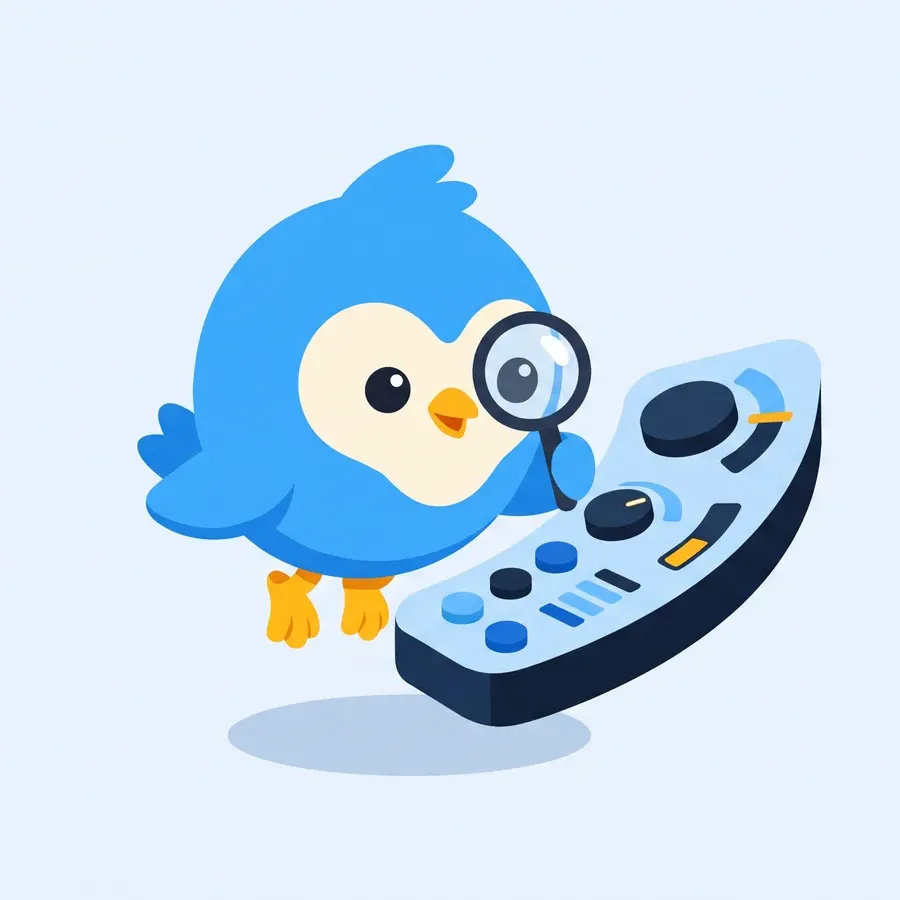 Pip, the blue bird mascot, at a control panel with dials and simple bar gauges, all blank shapes