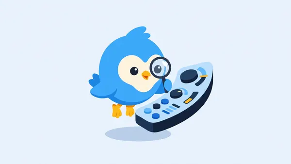 Pip, the blue bird mascot, at a control panel with dials and simple bar gauges, all blank shapes