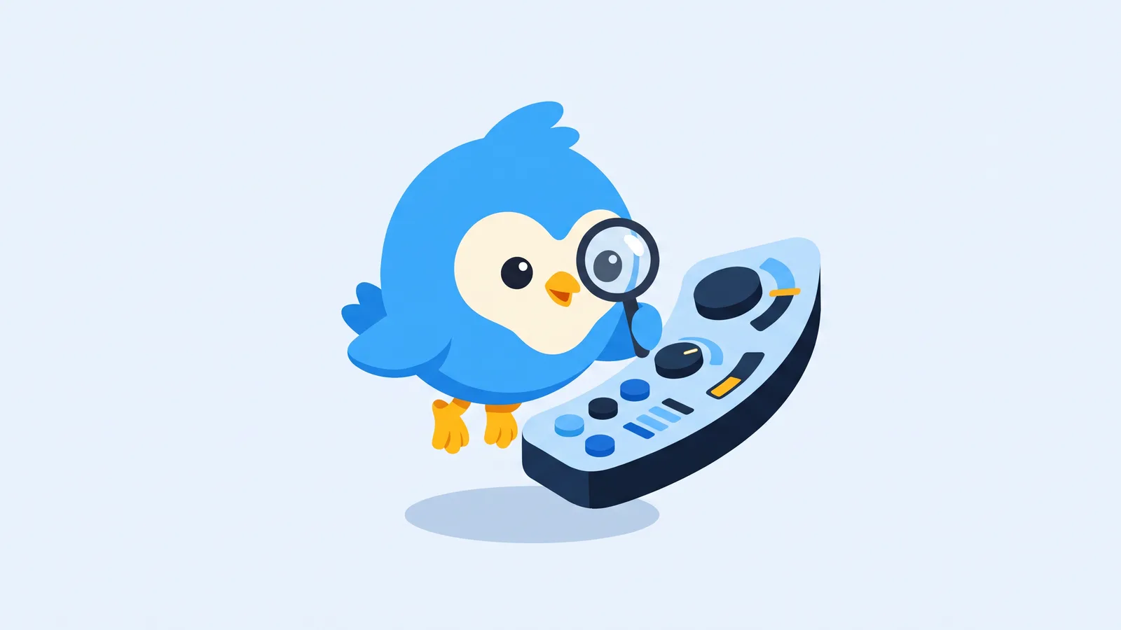 Pip, the blue bird mascot, at a control panel with dials and simple bar gauges, all blank shapes